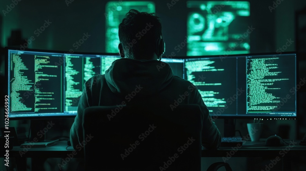 Poster hacker working in a darkened room, computer screens displaying code and security breaches, illuminat