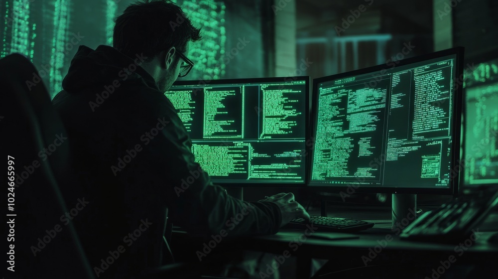 Poster hacker working in a darkened room, computer screens displaying code and security breaches, illuminat