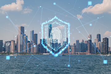 Digital fingerprint concept over Chicago skyline by the lake.
