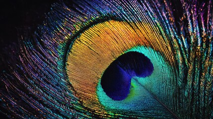 Obraz premium Close-up of a vibrant peacock feather displaying iridescent colors