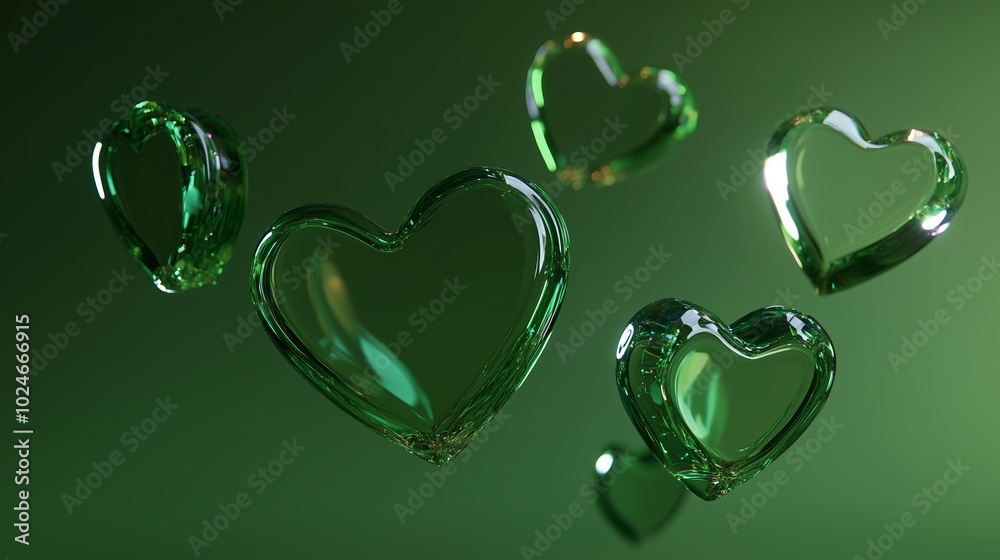 Canvas Prints Floating green glass hearts on a dark green background in an artistic display creating a playful yet elegant ambiance