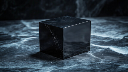 A polished obsidian gift box slowly emerging from darkness, its sharp, angular design catching soft glimmers of light, creating a striking balance of mystery and elegance.