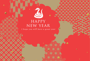 2025年巳年　赤の雪輪の和柄デザインの年賀状テンプレート