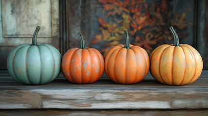 Variety of Different Pumpkins Displayed on Wooden Surface with Copy Space
