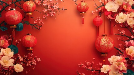 Vibrant Chinese New Year Background with Lanterns and Flowers