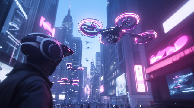 A man is playing a video game with a controller, controlling a drone in a city. The drone is flying over a cityscape with neon lights and buildings. Scene is futuristic and exciting