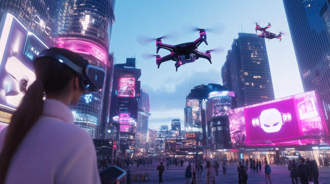 A man is playing a video game with a controller, controlling a drone in a city. The drone is flying over a cityscape with neon lights and buildings. Scene is futuristic and exciting
