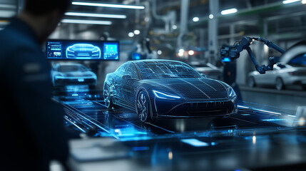 A high-tech automotive factory where robotic arms assemble electric vehicles under the watchful eye of holographic displays showing blueprints, diagnostics, and efficiency metrics.