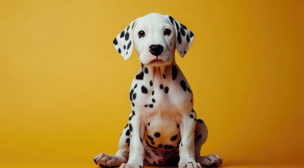 Portrait of a Dalmatian puppy on a yellow background, minimalist