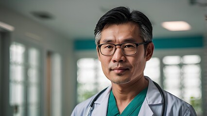 A portrait of a middle-age asian male doctor in a hospital - Chinese, Japanese, Korean