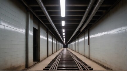 Fototapeta premium Dark Underground Railway Tunnel with Reflective Walls: A narrow underground train tunnel, featuring reflective concrete walls and dark metal tracks, with overhead lighting casting shadows and adding t