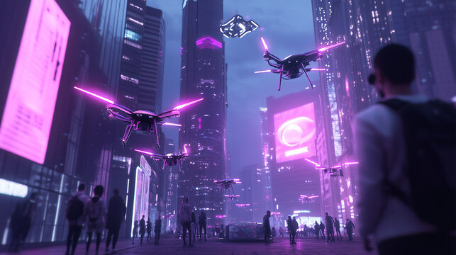 A man is playing a video game with a controller, controlling a drone in a city. The drone is flying over a cityscape with neon lights and buildings. Scene is futuristic and exciting