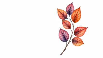 Obraz premium Ein Zweig mit mehreren rot, orange und violett gefärbten Blättern befindet sich rechts auf einem weißen Hintergrund, Platz für Text, Generative KI