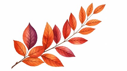 Ein Zweig mit mehreren rot, orange und violett gefärbten Blättern auf einem weißen Hintergrund, Platz für Text, Generative KI