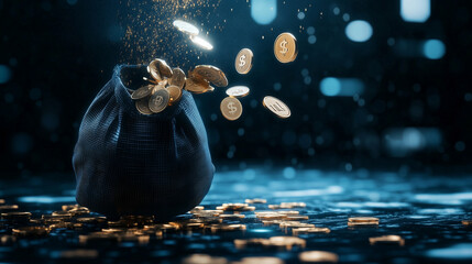 A futuristic rendering of a money bag unleashing a golden rain of coins, glowing brightly against a dark backdrop, while digital payment icons like credit cards and cryptocurrency