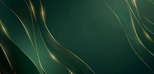 Green background with golden lines, a minimalistic design featuring simple shapes, a dark green gradient, vector graphics, a clean and modern style with elegant curves, lines, light reflections