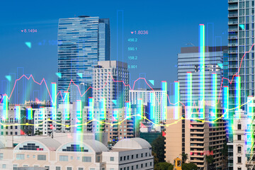 Financial chart overlaying cityscape with skyscrapers and graphs.