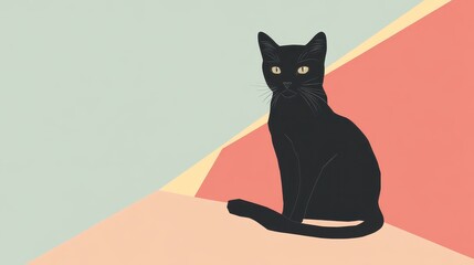 Enigmatic Feline: A Captivating Black Cat in a Geometric Landscape