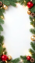 festive Christmas-themed border frame made of pine branches with red gold baubles, pine cones, Christmas lights, white background. menu design for holiday dinner party, gift voucher template concept.