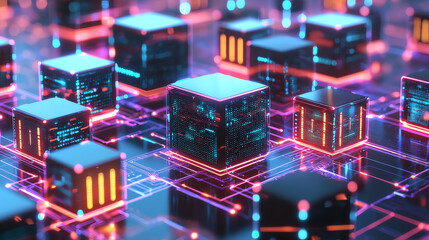 Obraz premium Interconnected glowing data blocks representing advanced digital information, cybernetic design, front view Exploring complex data exchanges Cybernetic tone, Vivid