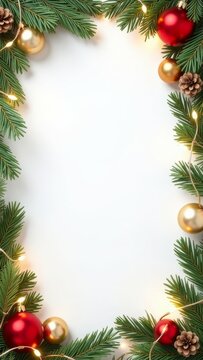 festive Christmas-themed border frame made of pine branches with red gold baubles, pine cones, Christmas lights, white background. menu design for holiday dinner party, gift voucher template concept.