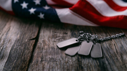 A close-up of military dog tags resting on a rustic wooden table, with an American flag softly draped in the background, symbolizing the sacrifices made by veterans.