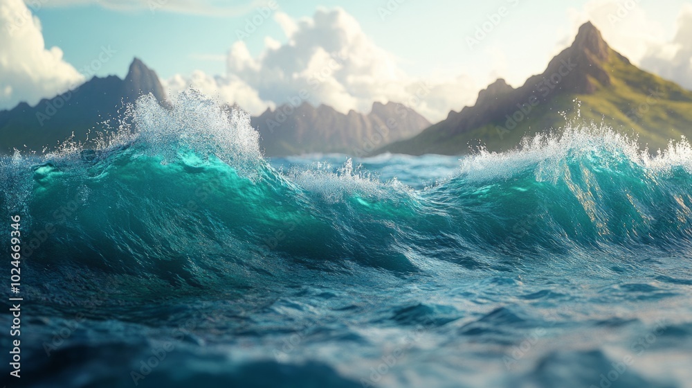 Poster a wave in the ocean with mountains in the background