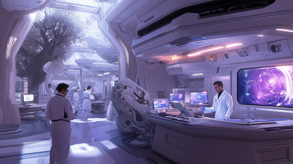 
A woman in a white lab coat is looking at a computer screen with a man standing behind her. The computer screen is displaying a medical image. Scene is serious and focused, as the woman
