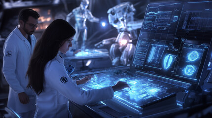 
A woman in a white lab coat is looking at a computer screen with a man standing behind her. The computer screen is displaying a medical image. Scene is serious and focused, as the woman
