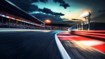 Adrenaline Packed Curve on the Racing Circuit Under Twilight Skies
