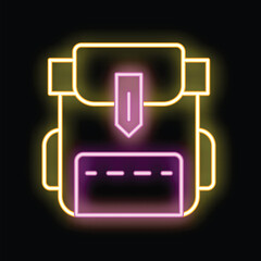 Neon sign depicting a backpack glowing in the dark, perfect for themes of travel, adventure, and exploration