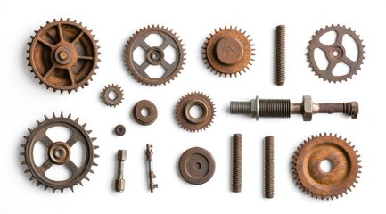 Rustic gears and machinery parts arranged on a white background, a flat lay composition