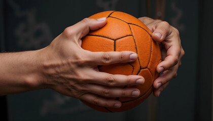 Close-up of hands holding an orange soccer ball against a textured background