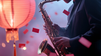 Obraz premium A musician playing the saxophone under soft lighting, with floating red confetti and a lantern in the background. Concept of jazz music, performance, and vibrant cultural celebration.
