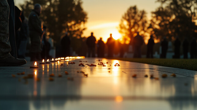 A glowing image of the Eternal Flame at Arlington National Cemetery, with veterans and military families gathered around, honoring the memory of fallen soldiers on Veterans Day.