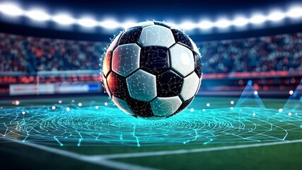 A digitally enhanced soccer ball floating above a network of glowing lines. - Powered by Adobe