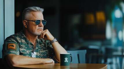A veteran serviceman sitting at a quiet cafÃ©, sipping coffee, with his military dog tags visible on the table, contemplating his service and the freedoms he helped protect.