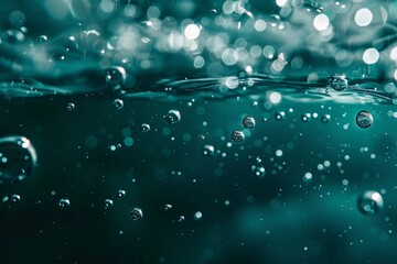 Abstract background with bubbles in a green color on dark water, the bubbles floating up suitable for a design, banner, poster, or presentation. Oil, water drops, water ripples, and a light effect