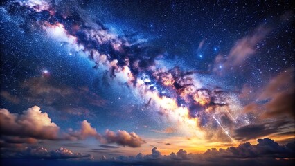 Starry night sky with clouds and Milky Way in forced perspective