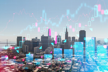 Financial chart overlaying San Francisco skyline with stock market data visualization.