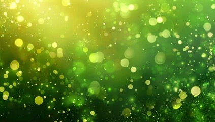 Abstract green bokeh background with particles and dust, green blurred sparkles, sparks, spots and effect and dust