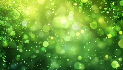 Abstract green bokeh background with particles and dust, green blurred sparkles, sparks, spots and effect and dust
