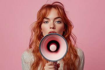 Fototapeta premium Woman holding a pink megaphone. Perfect for an advertisement about speaking out or marketing.