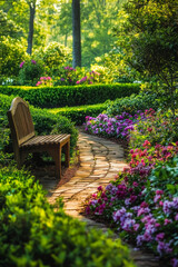 In this idyllic garden retreat, blooming flowers burst with color, creating a stunning contrast against the perfectly manicured hedges. A winding stone pathway meanders through the lush greenery,