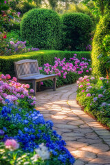 Fototapeta premium In this idyllic garden retreat, blooming flowers burst with color, creating a stunning contrast against the perfectly manicured hedges. A winding stone pathway meanders through the lush greenery,
