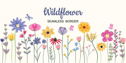 Minimalist Wildflower Illustration - Seamless Watercolor Floral Arrangements With Butterflies