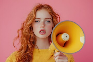 Young woman holding megaphone. Perfect for marketing campaigns about announcing important news.