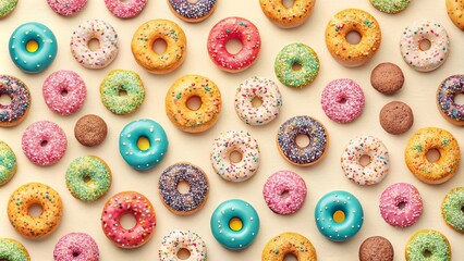 A symphony of sugary delights, each donut a vibrant splash of color, adorned with sprinkles and glazed perfection, against a soft, warm background.