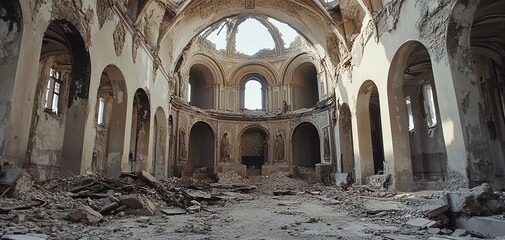Ruins of an old church with collapsed roof and scattered debris, showcasing extensive damage and decay in a hauntingly beautiful setting.