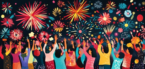 Colorful fireworks lighting up the night sky while a joyful crowd raises their hands in celebration. A vibrant festival atmosphere.